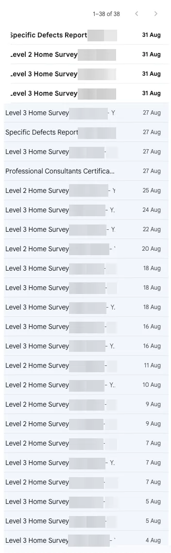 A dated inbox list showing 38 survey enquiries received between 4 and 31 August