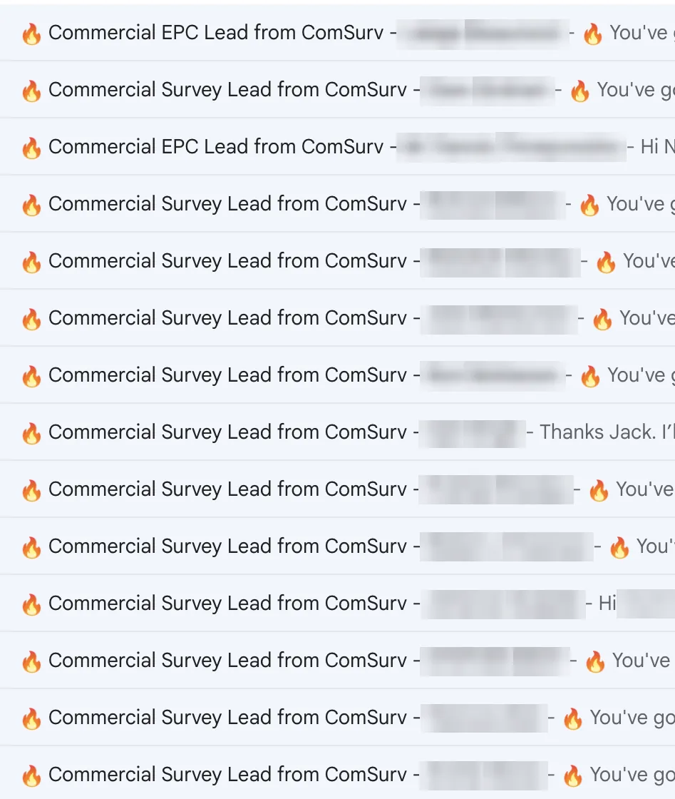 An inbox showing a run of commercial survey and commercial EPC leads for a commercial practice