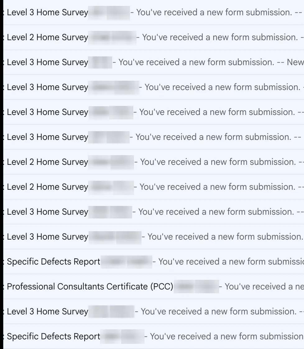 An inbox showing a run of Level 2, Level 3, specific defects and Professional Consultants Certificate enquiries
