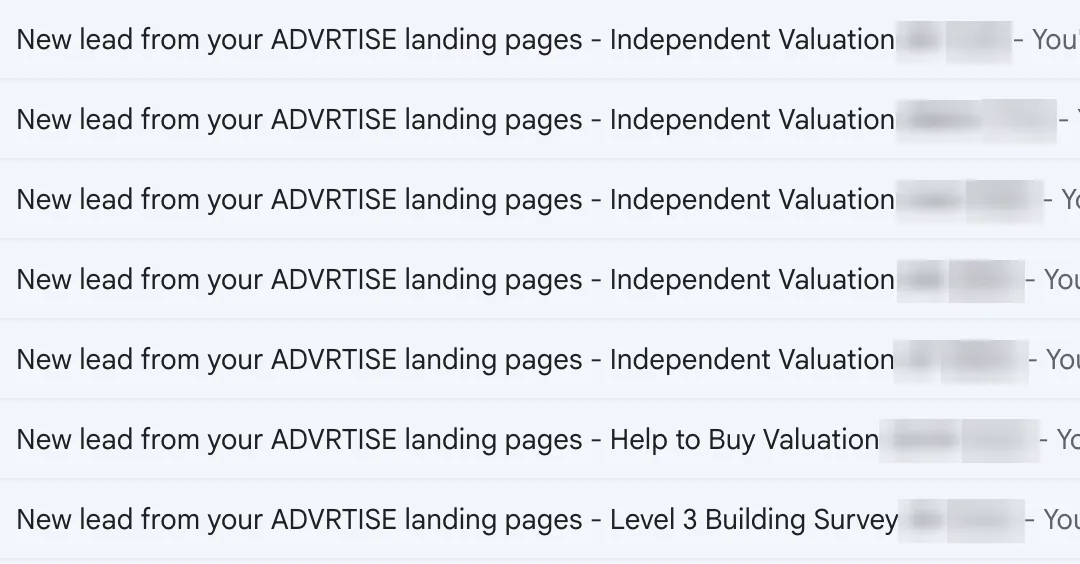 An inbox showing independent valuation, Help to Buy valuation and Level 3 building survey leads from ADVRTISE landing pages